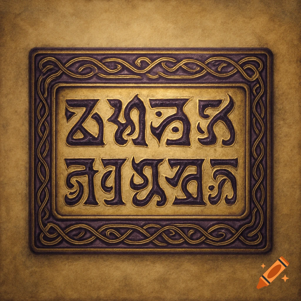Ornate embossed gold plaque with purple Celtic knot border and two lines of stylized imaginary script.