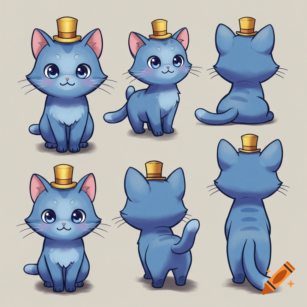 Six stylized views of a cute blue cat with a tiny golden top hat, presented as a character reference sheet.