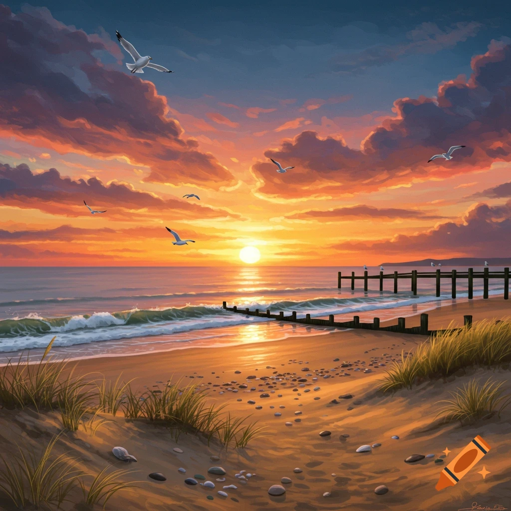 Painterly sunset over a beach with waves, seagulls flying, and a wooden pier extending into the ocean.