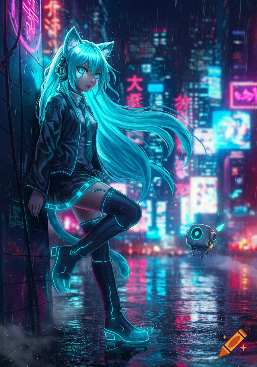 Anime cat girl with neon aqua hair and glowing eyes in a rainy cyberpunk city street, accompanied by a small floating robot.