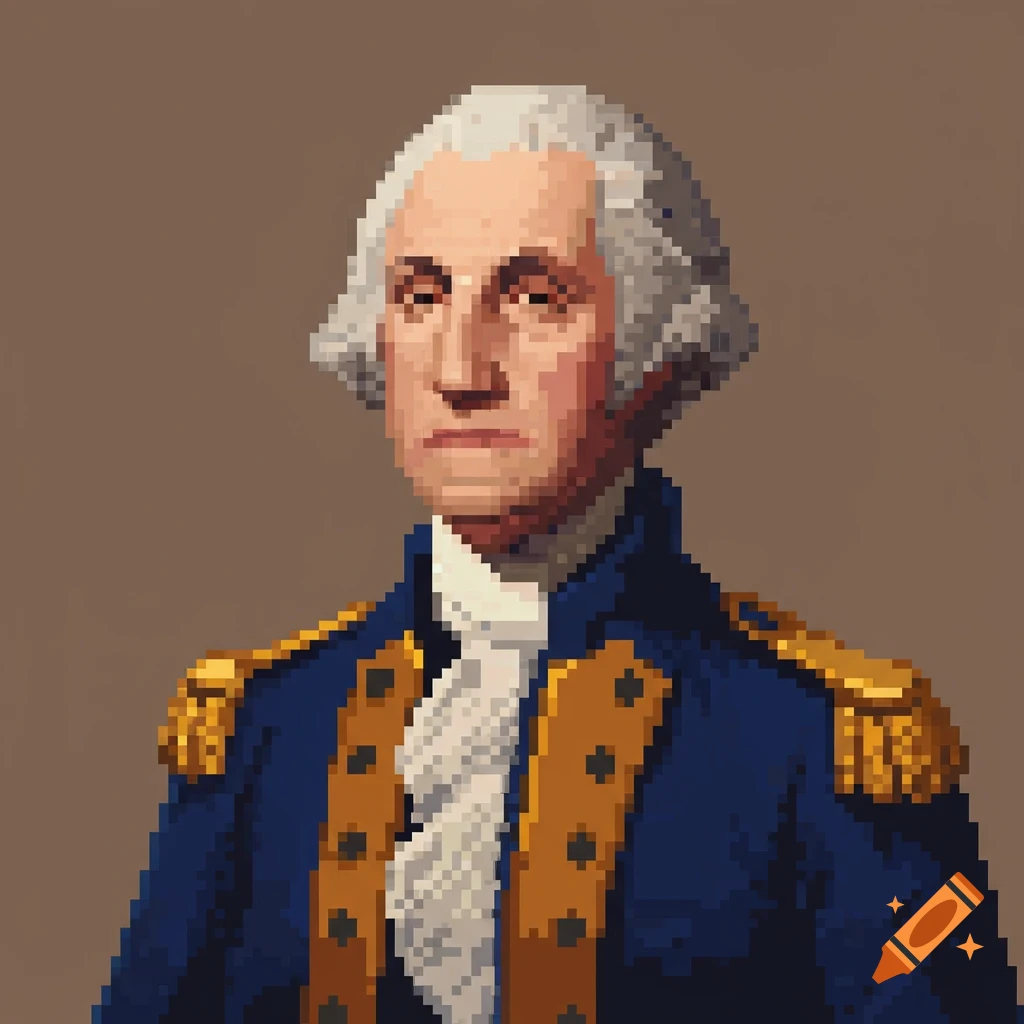8-bit pixel art portrait of George Washington in a blue military uniform with gold trim.