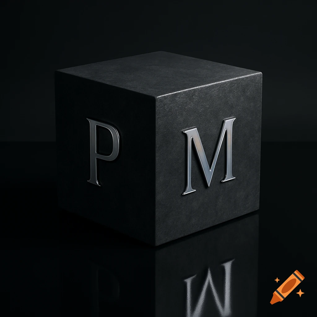 A dark gray cube with silver letters 'P' and 'M' on its visible sides, reflected on a dark, glossy surface.