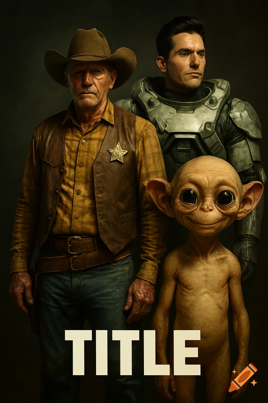 Hyperrealistic movie poster featuring a weathered cowboy, a man in power armor, and a small alien with large eyes and ears. Dramatic lighting.