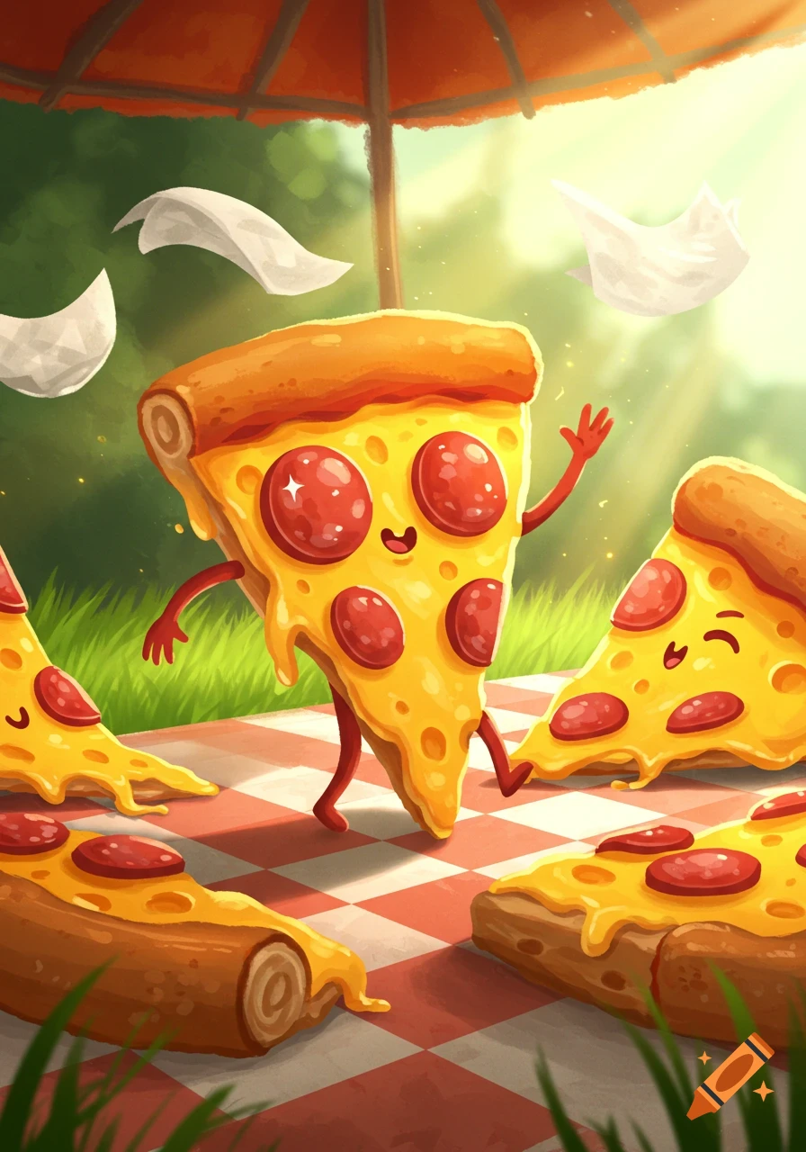 Cartoon pizza slices with faces, arms, and legs have a picnic on a checkered blanket in a sunny park.