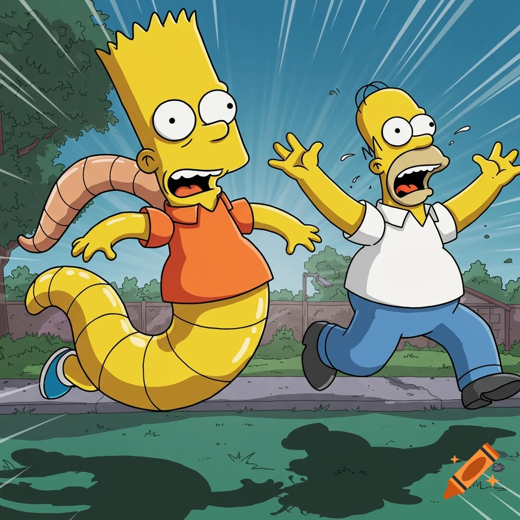 Bart Simpson with a worm-like lower body chases a terrified Homer Simpson through a suburban street in a cartoon style.
