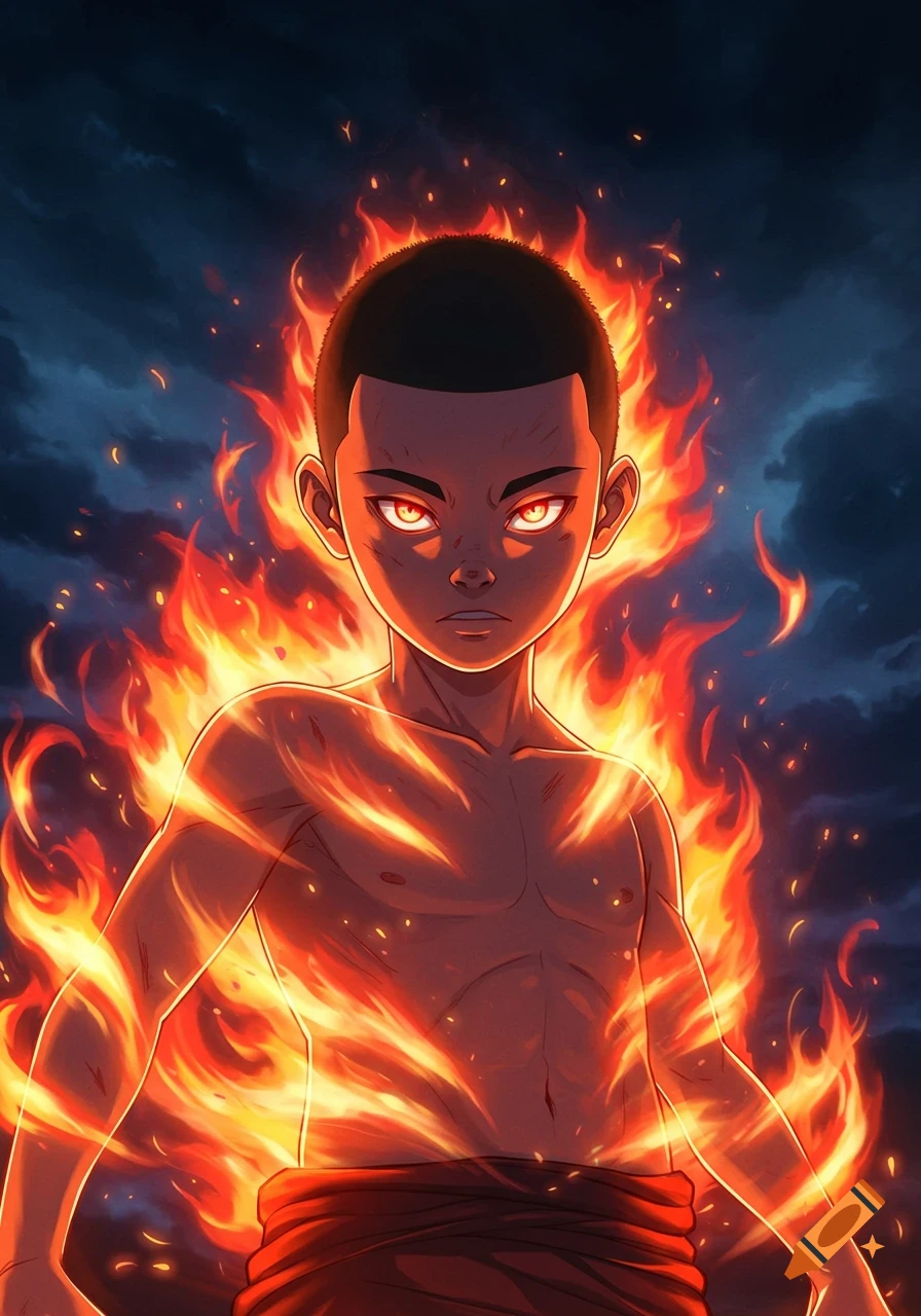 Anime boy with a buzz cut and glowing fire eyes stands engulfed in flames against a dark, cloudy sky.