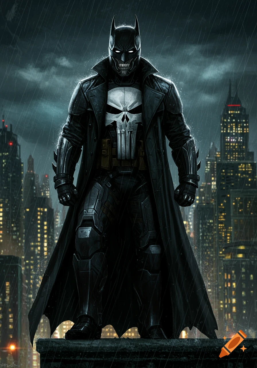 A dark, gritty superhero character, a fusion of Batman and Punisher, stands on a rooftop in a rainy city at night.