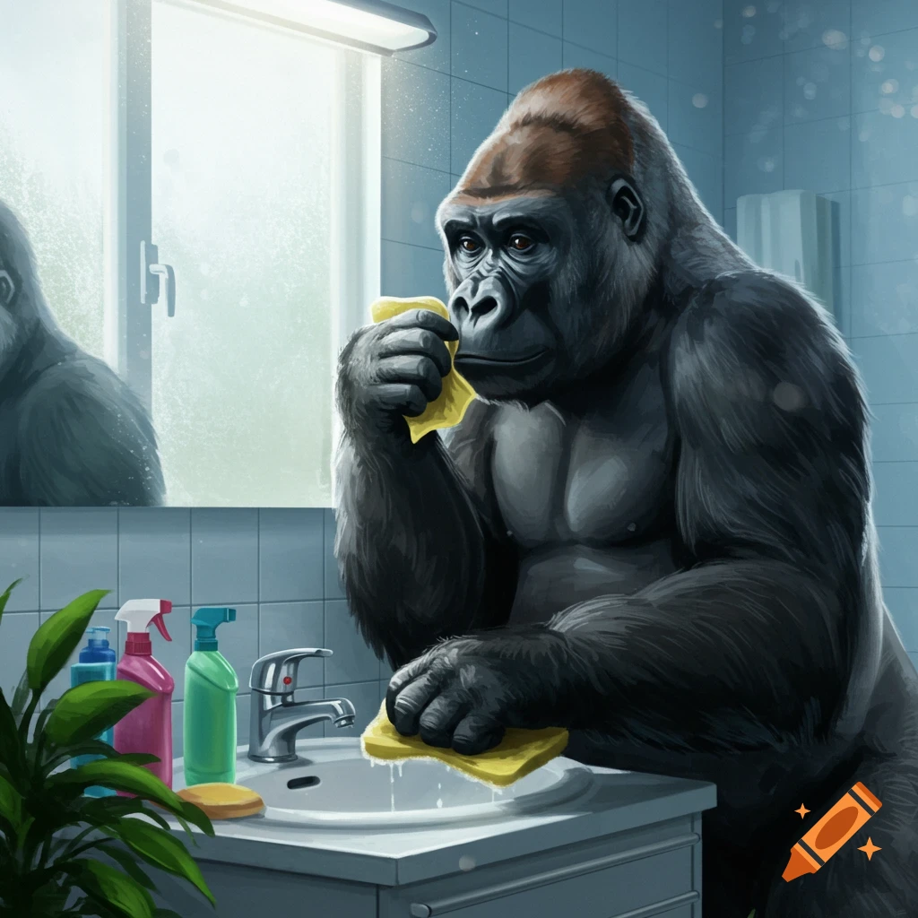 A gorilla cleans a bathroom sink with a yellow sponge, surrounded by cleaning products, in a digital painting.