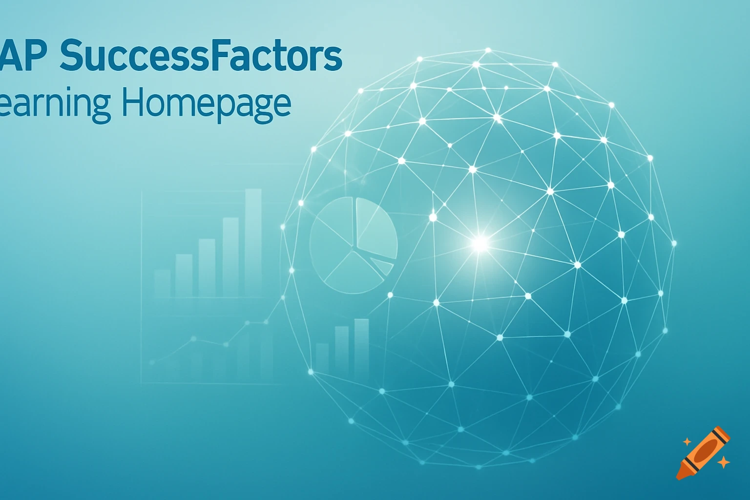 Blue-green background with 'SAP SuccessFactors Learning Homepage' text, a glowing network sphere, and faint bar and pie charts.