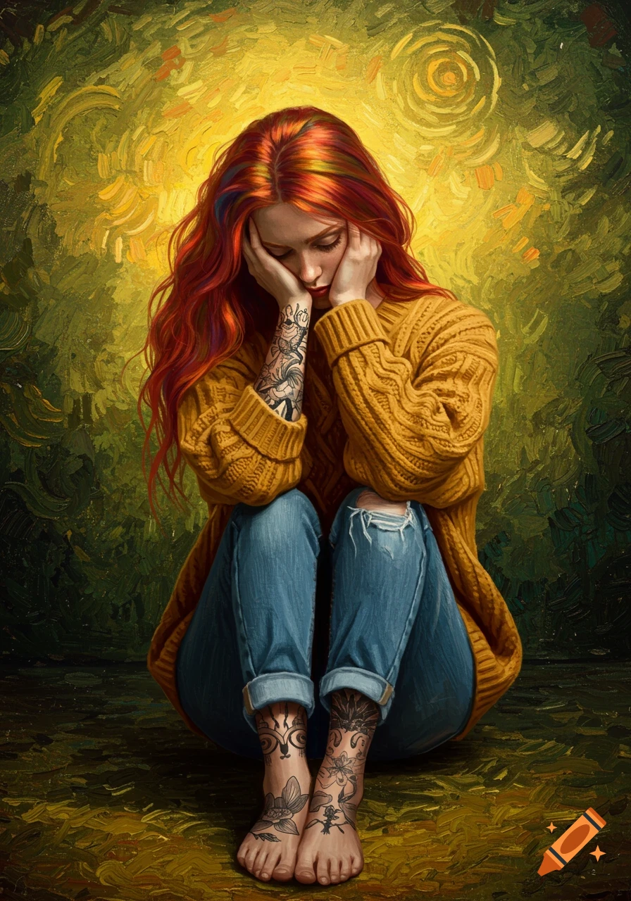 Van Gogh-style painting of a distressed, red-haired woman with tattoos, sitting in a yellow sweater and jeans.