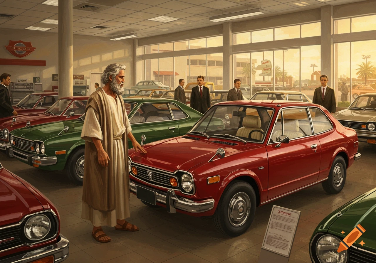 An illustration of an old man resembling Moses in robes and sandals, inspecting a red vintage Honda car in a modern dealership.