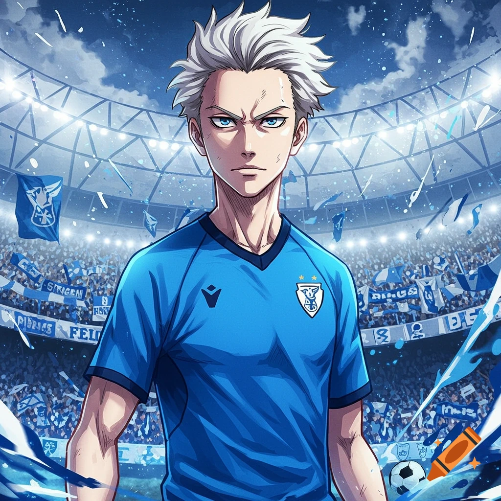 Anime-style male character with spiky white hair and blue eyes, wearing a blue soccer jersey, standing in a brightly lit stadium with cheering fans and flags in the background.