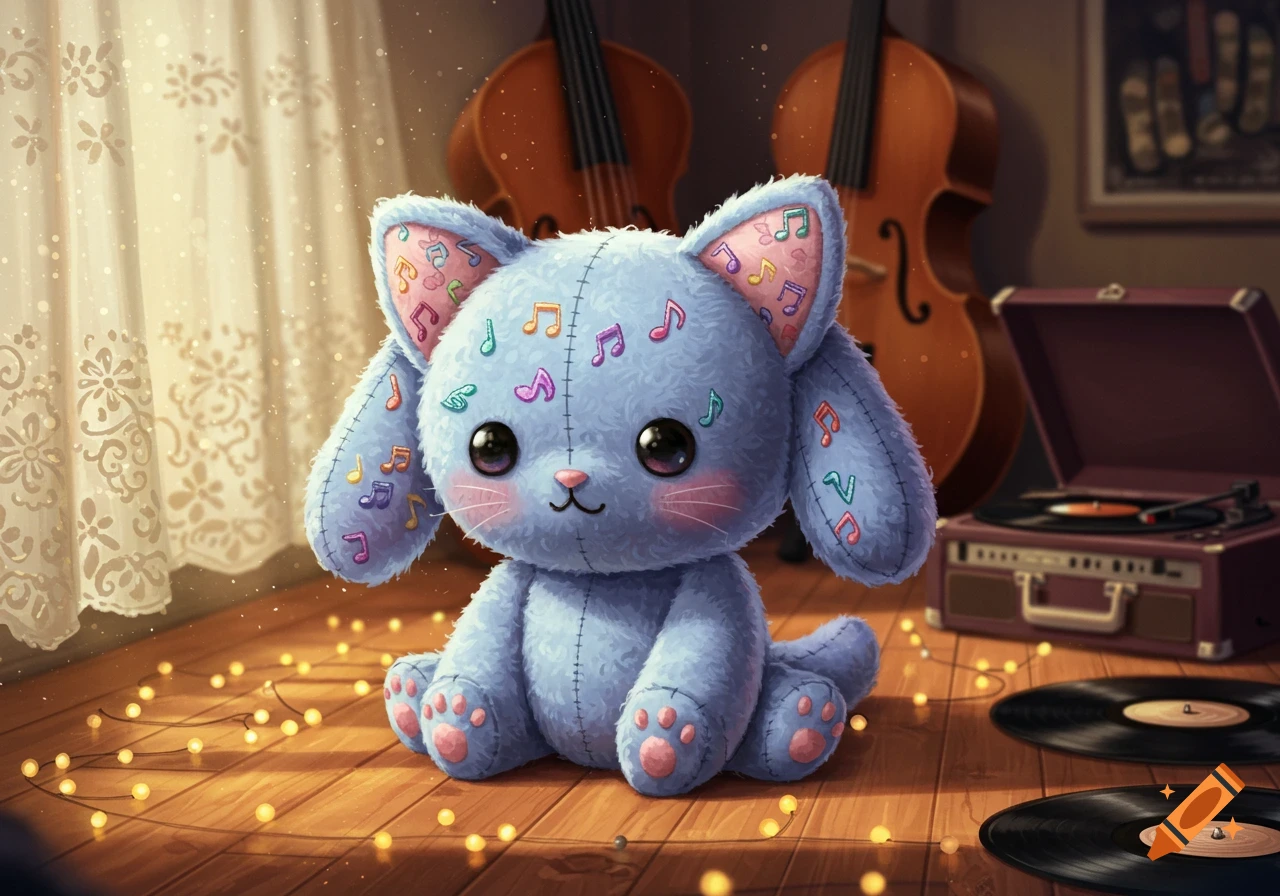 A cute blue plush cat covered in colorful musical notes sits on a wooden floor with fairy lights. Violins and a record player are in the blurred background.