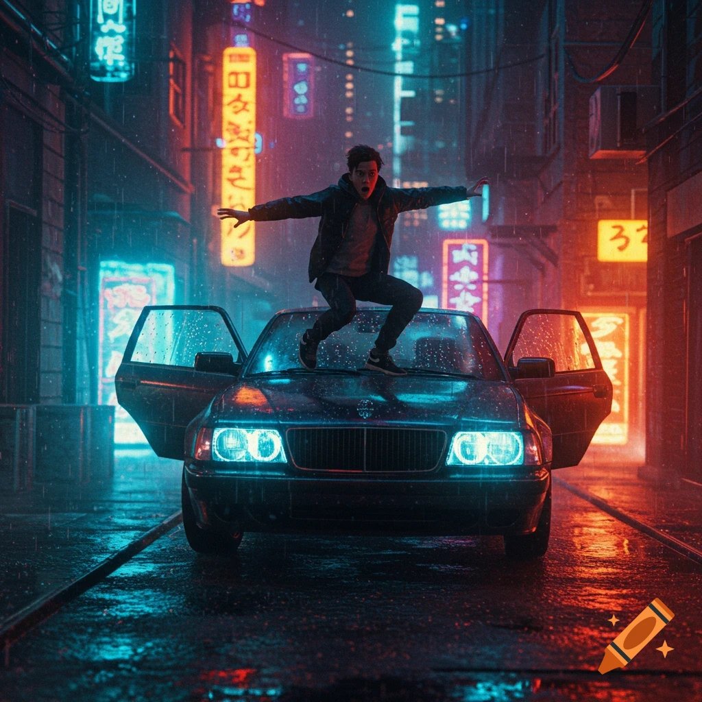 A man jumps atop a black car on a wet, neon-lit cyberpunk city street during a rainy night.