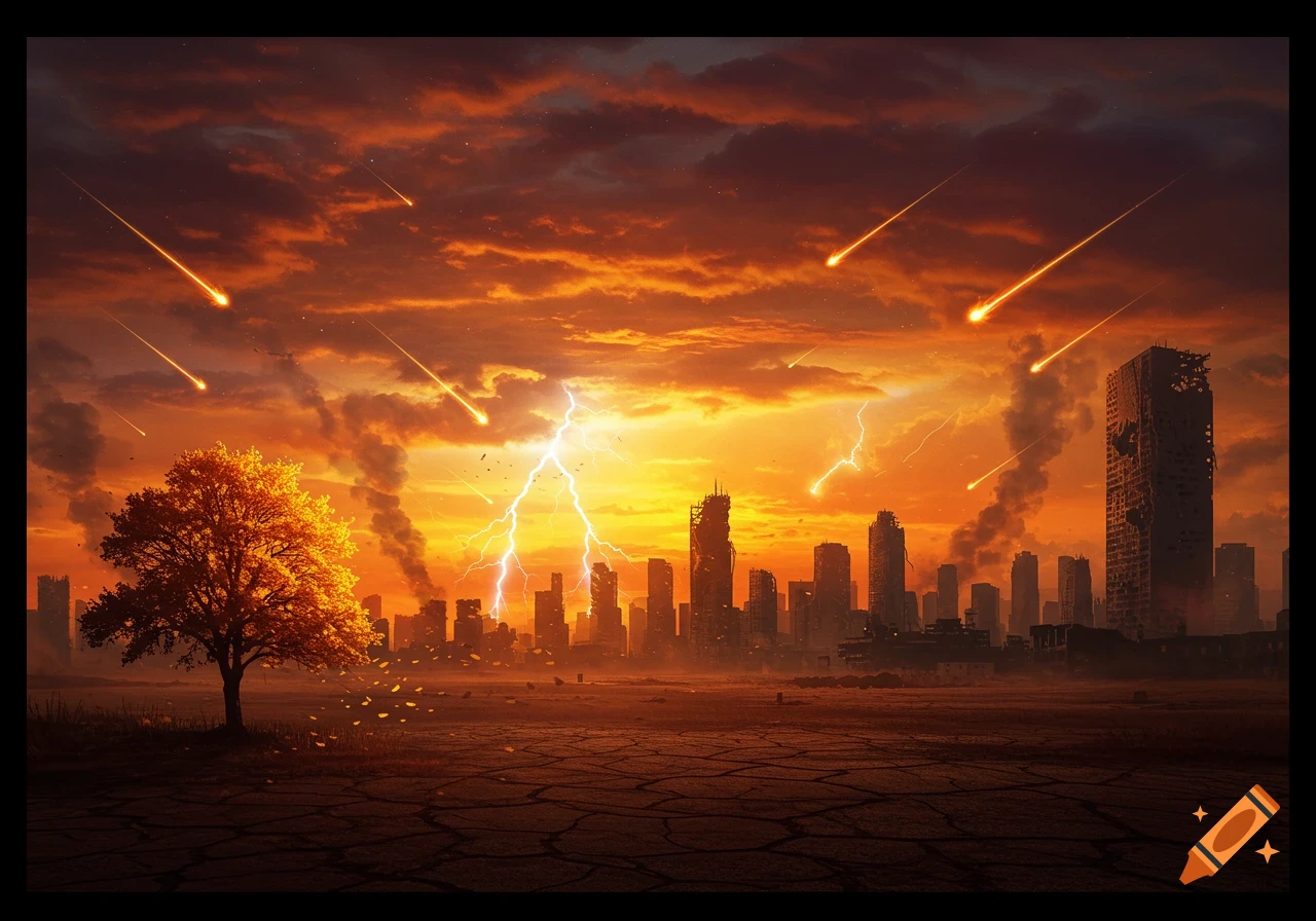 Apocalyptic scene with meteorites falling on a destroyed city under a fiery orange sky, with lightning and a lone tree.