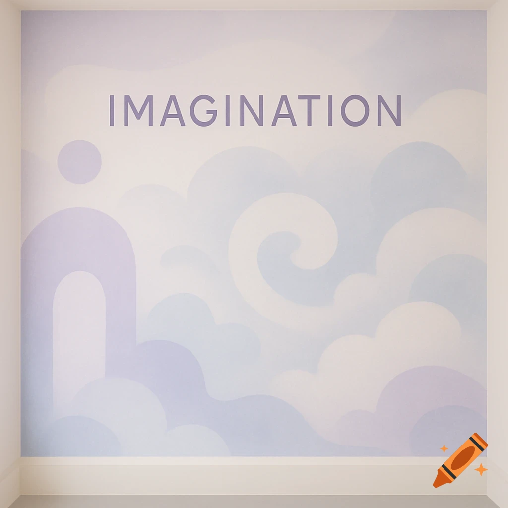 A light purple and blue abstract mural on a wall with 'IMAGINATION' written in purple.
