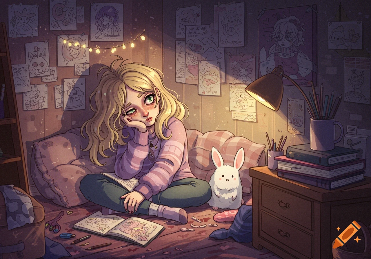 A tired blonde girl with green eyes sits cross-legged on the floor of her cluttered, warmly lit bedroom, a white fluffy rabbit beside her. Anime style.