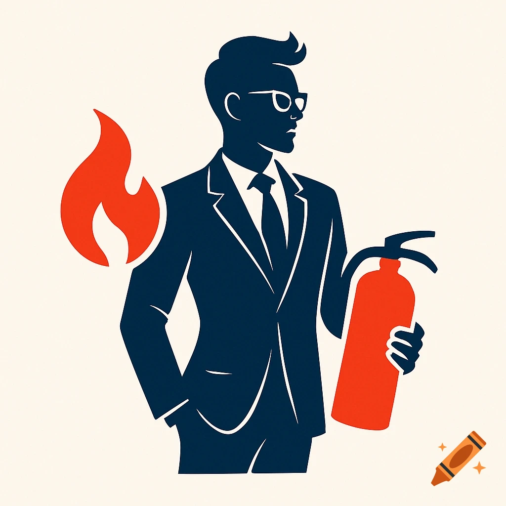 A stylized illustration of a man in a dark suit and glasses holding a red fire extinguisher, with a red flame icon next to him.