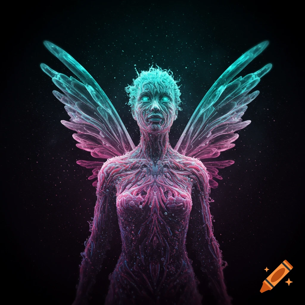 A glowing, intricate, winged humanoid figure with pink and teal vein-like patterns on a dark, starry background, in a fantasy art style.