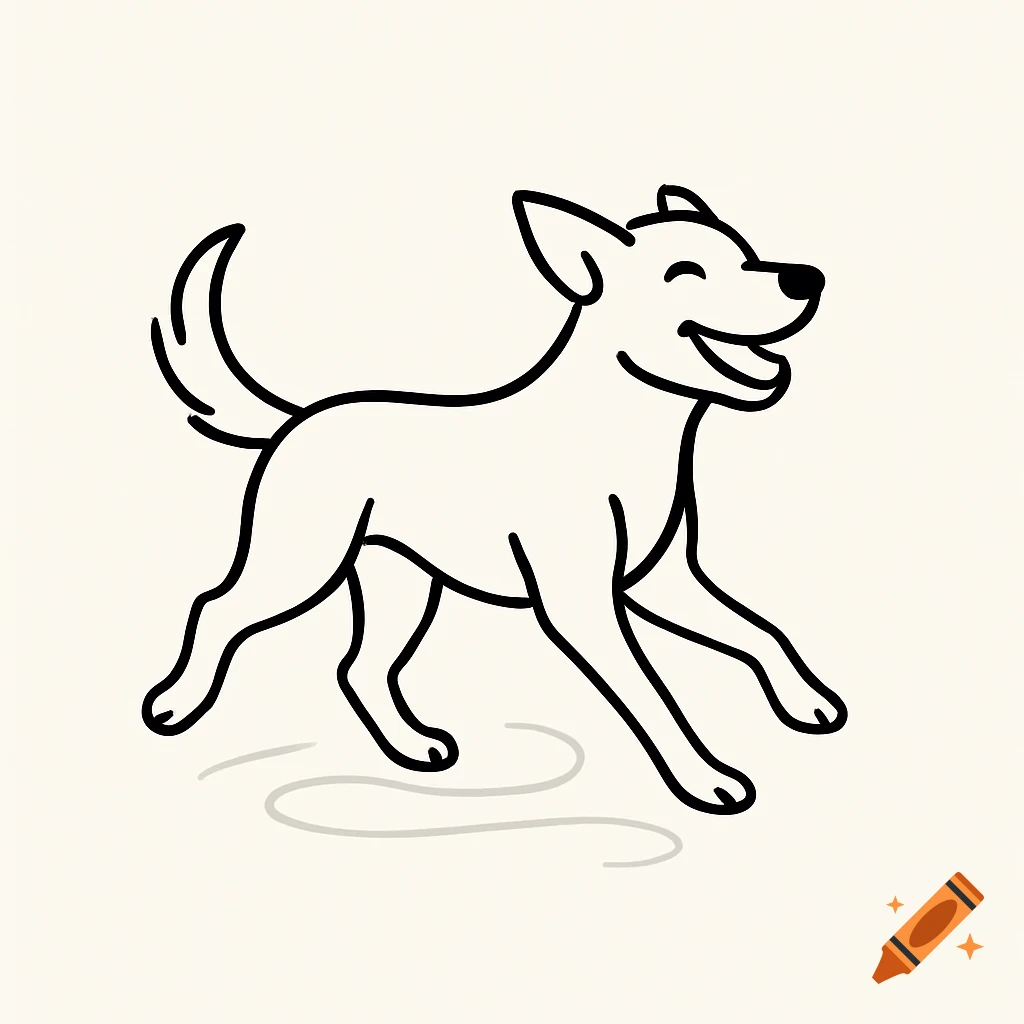 Simple black line art illustration of a happy, running dog with its tongue out on a plain background.