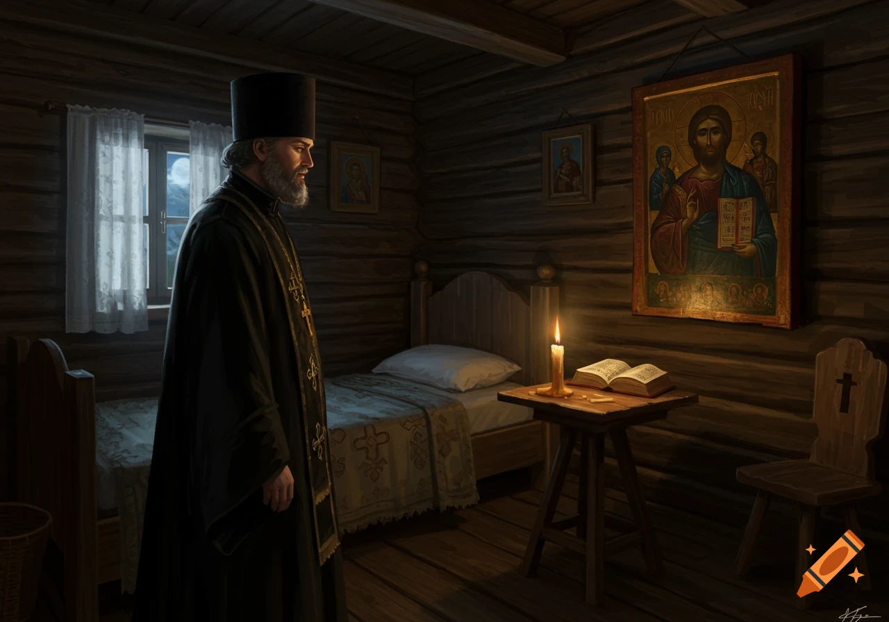 A Russian Orthodox priest stands in a dimly lit, rustic wooden cottage bedroom, lit by a candle and moonlight. An open book and a large icon of Christ are visible.