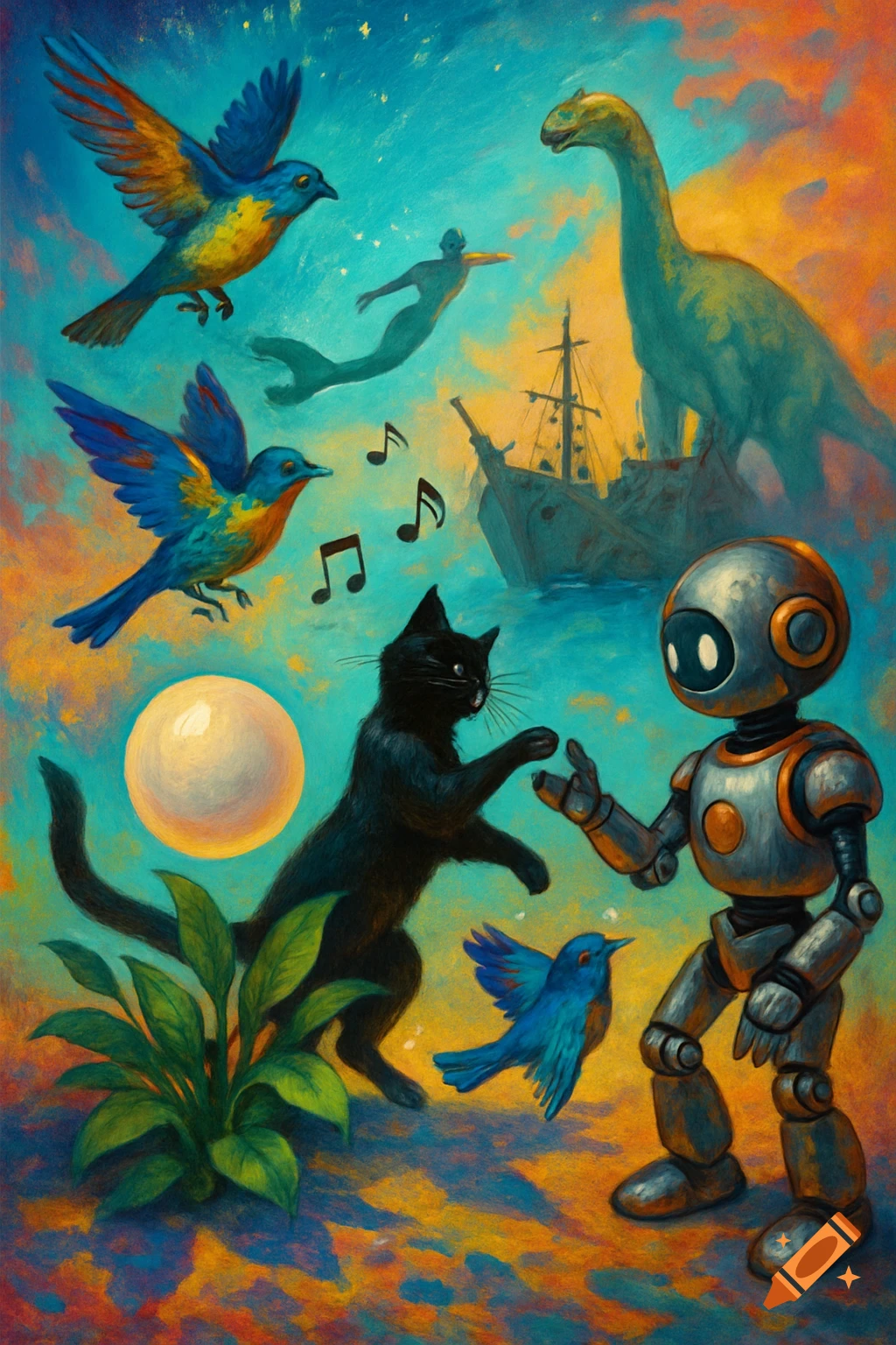 A colorful, surreal painting features a black cat and a robot dancing, surrounded by flying birds, a mermaid, a dinosaur, a ship, musical notes, and plants under a large white moon.
