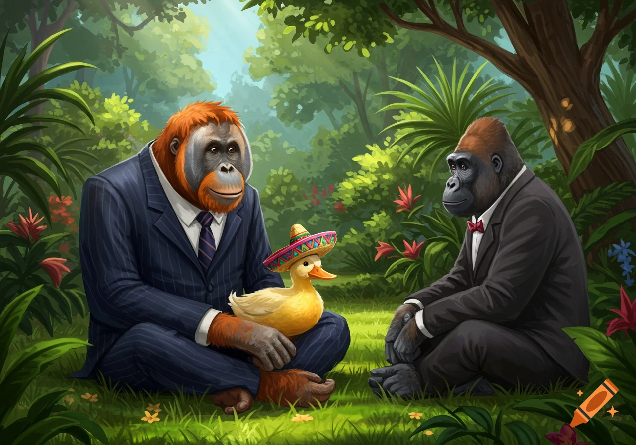 An illustrated orangutan in a suit pets a sombrero-wearing duck while talking to a gorilla in a suit, set in a lush jungle.
