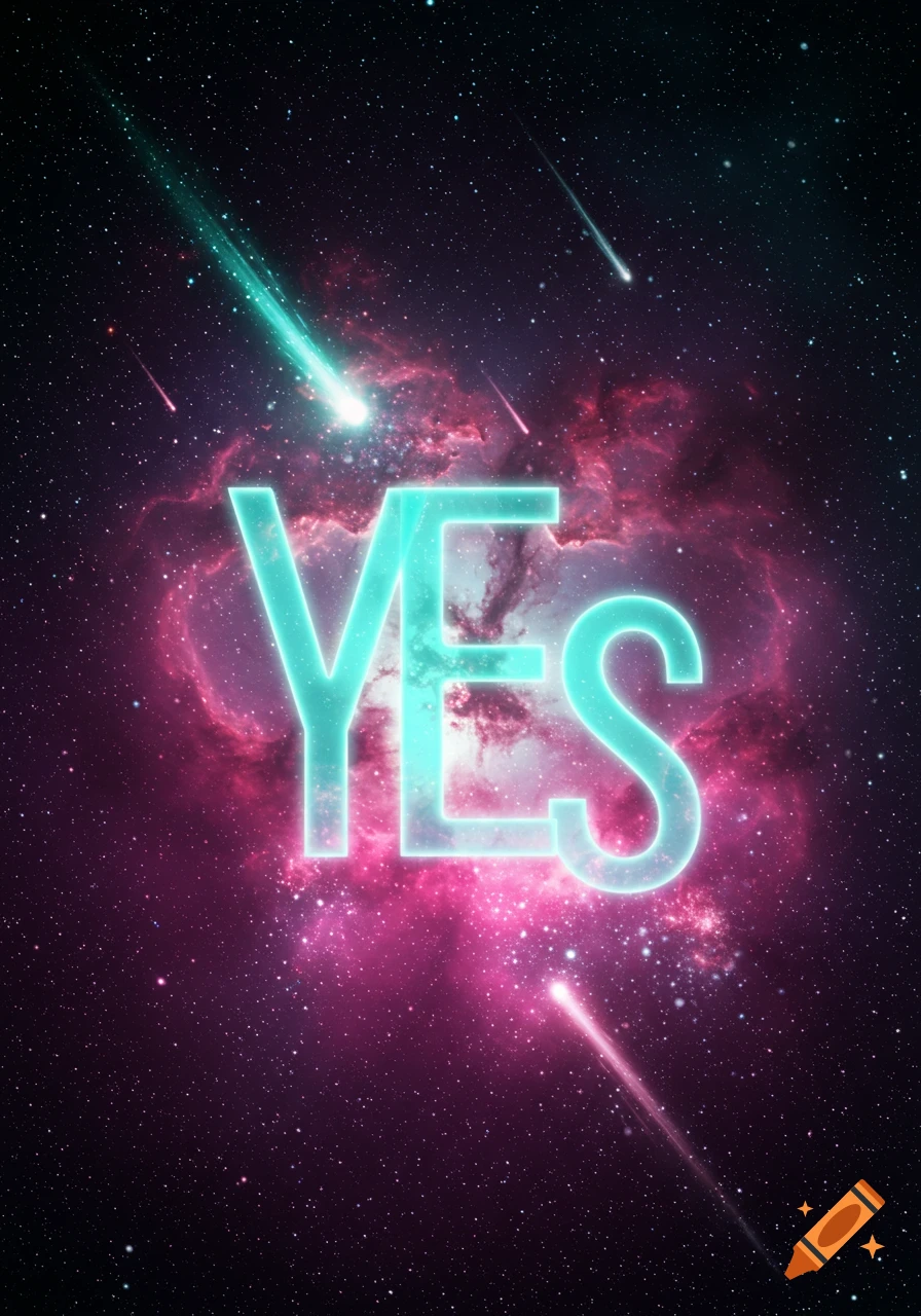 The glowing word 'YES' in cyan against a dark space background with pink and purple nebulae and shooting stars.