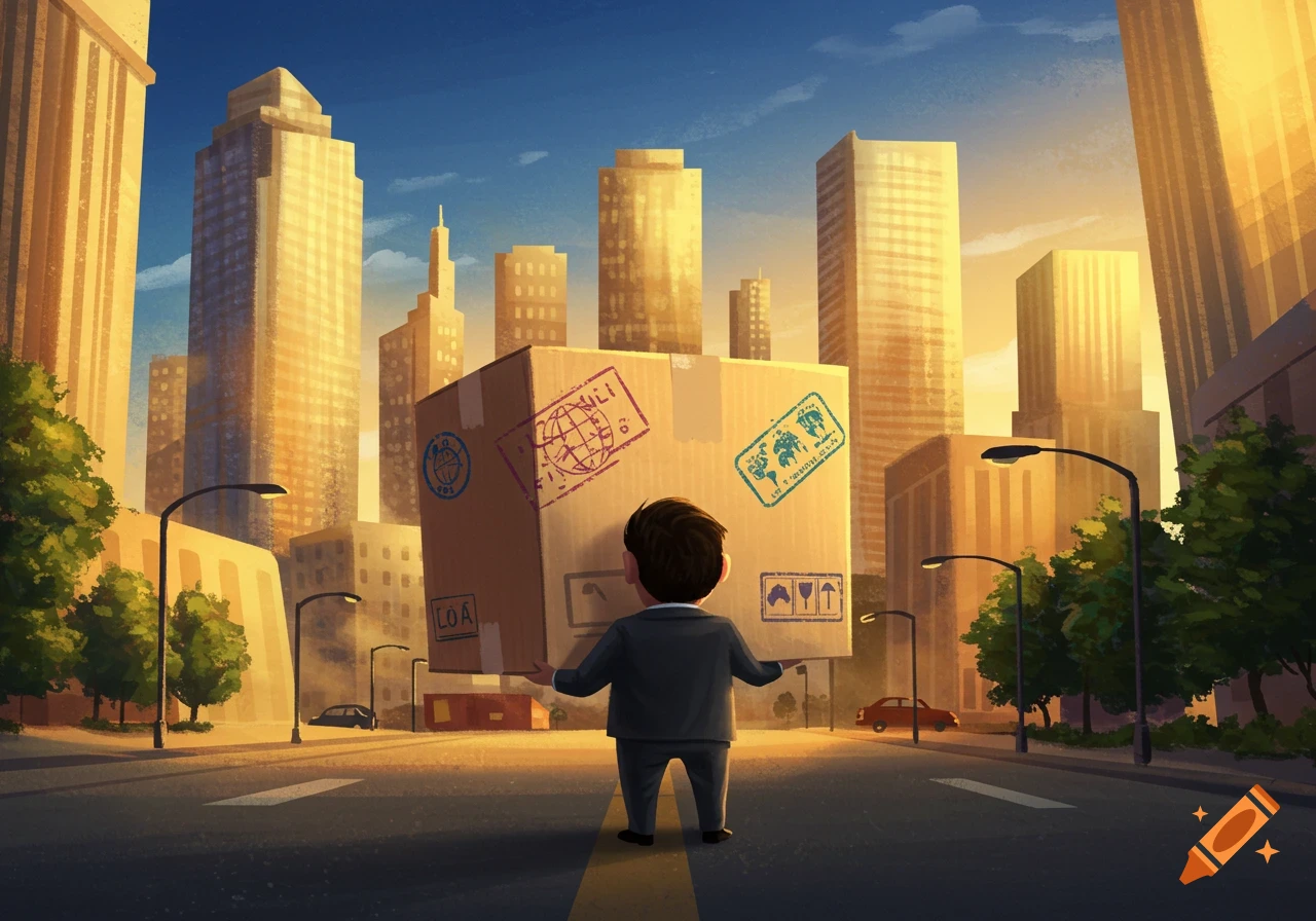 A cartoon businessperson holds a giant cardboard shipping box in a sunny city street.
