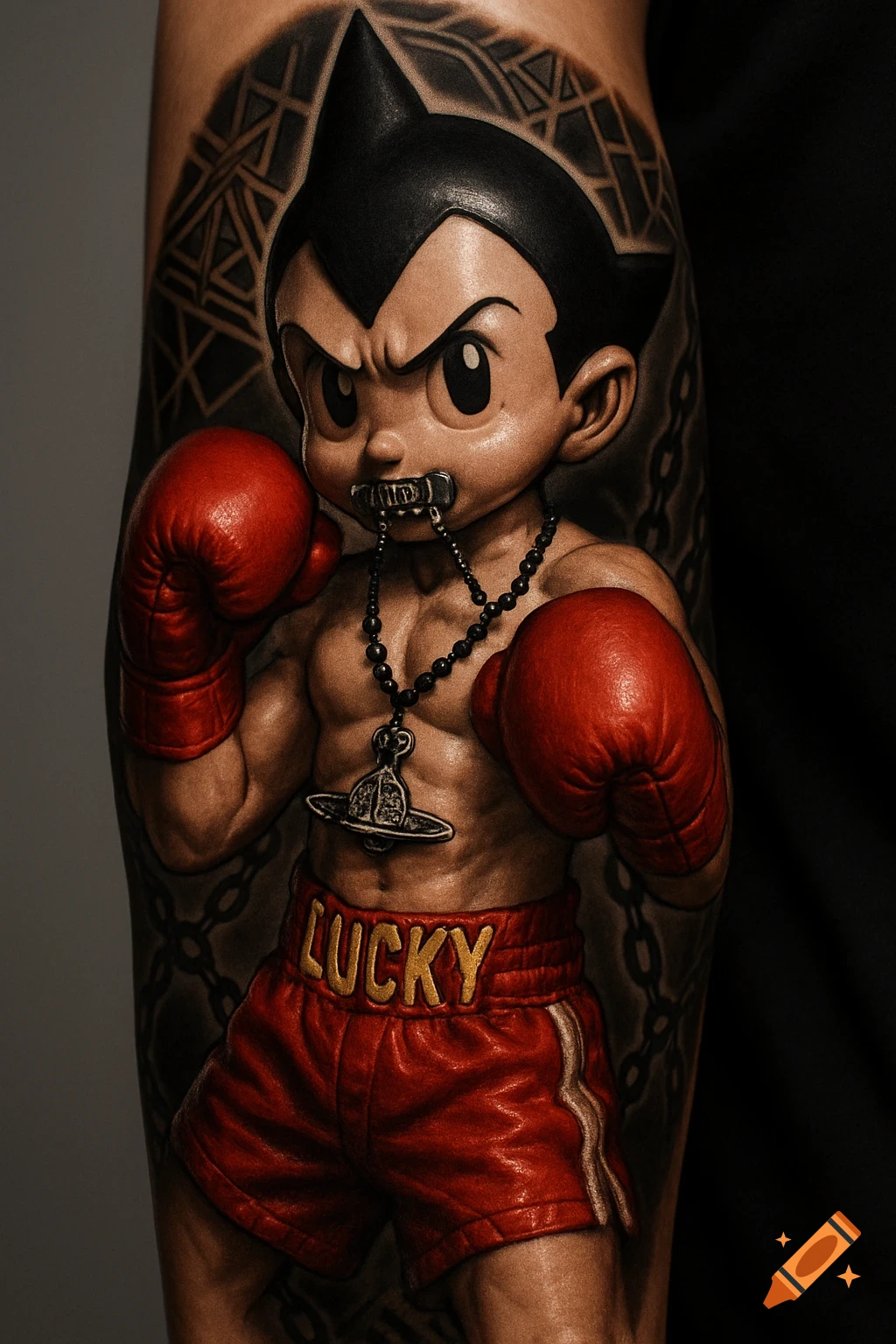 A photorealistic tattoo of a muscular Astro Boy wearing red boxing gloves and "LUCKY" trunks, with a metallic mouth grill and a Vivienne Westwood rosary necklace. The background is a geometric chain-link pattern.
