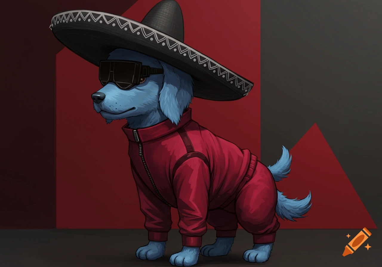 A cartoon blue dog wearing a black sombrero and a red tracksuit stands against a red and dark background.