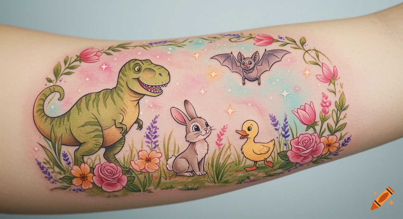 A vibrant Disney-style watercolor tattoo on an arm, depicting a T-Rex, bunny, duck, and bat surrounded by colorful flowers.