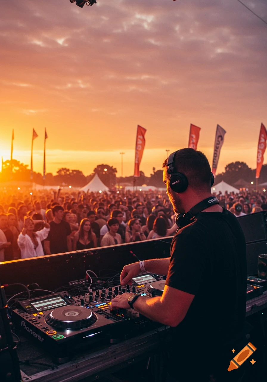 A DJ performs at a sunset music festival, seen from behind the stage, with a large crowd silhouetted against the orange sky. Photorealistic.