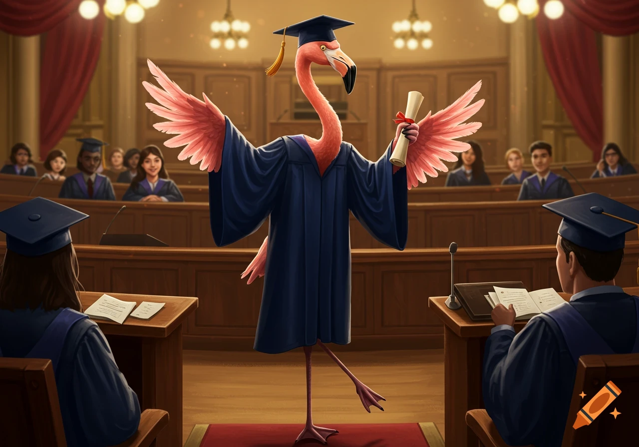 A flamingo in a graduation cap and gown holds a scroll, standing in a lecture hall before students.
