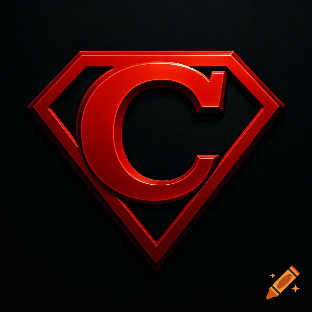 A shiny red letter C in a superhero emblem shape on a dark black background.