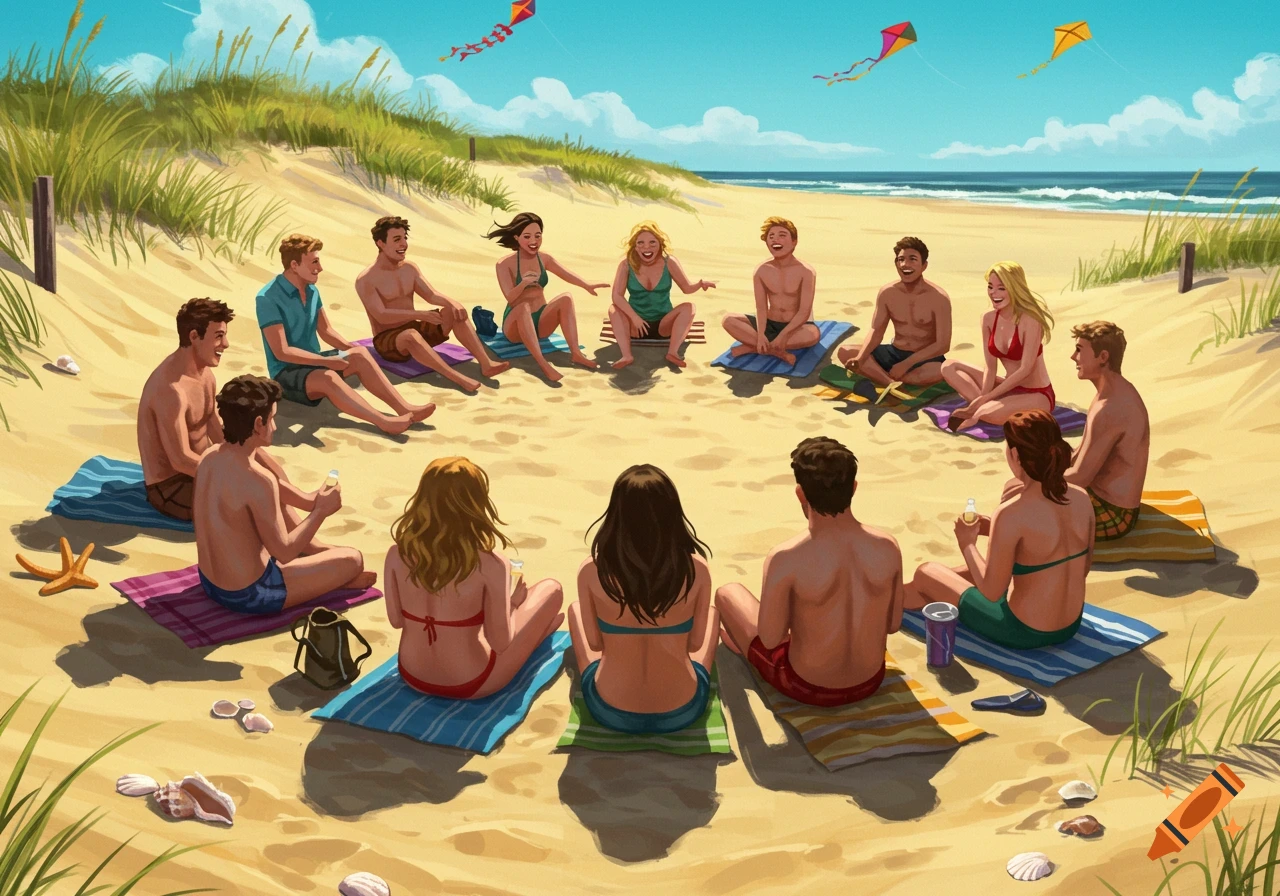 An illustration of a diverse group of friends sitting in a circle on a sunny beach with kites flying.