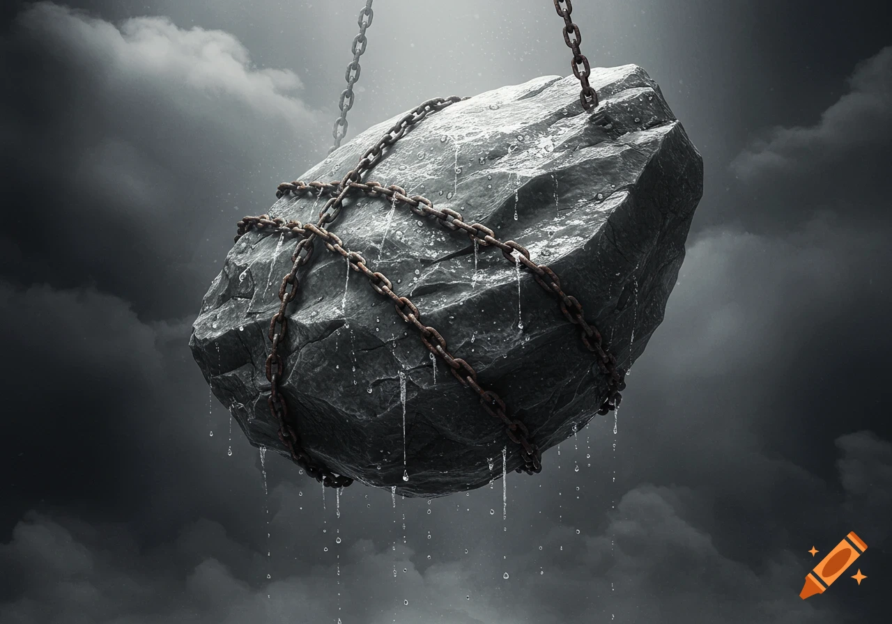 A large, wet grey rock wrapped in rusty chains, suspended in a dark, cloudy sky with water dripping from it.