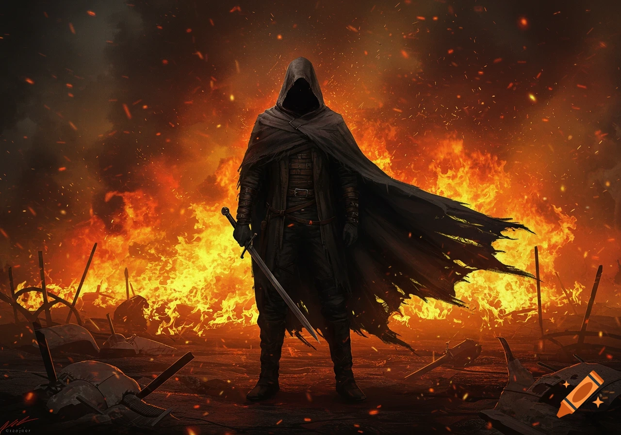 A dark hooded figure with a sword stands in a desolate, flame-lit battlefield surrounded by burning debris and flying embers.