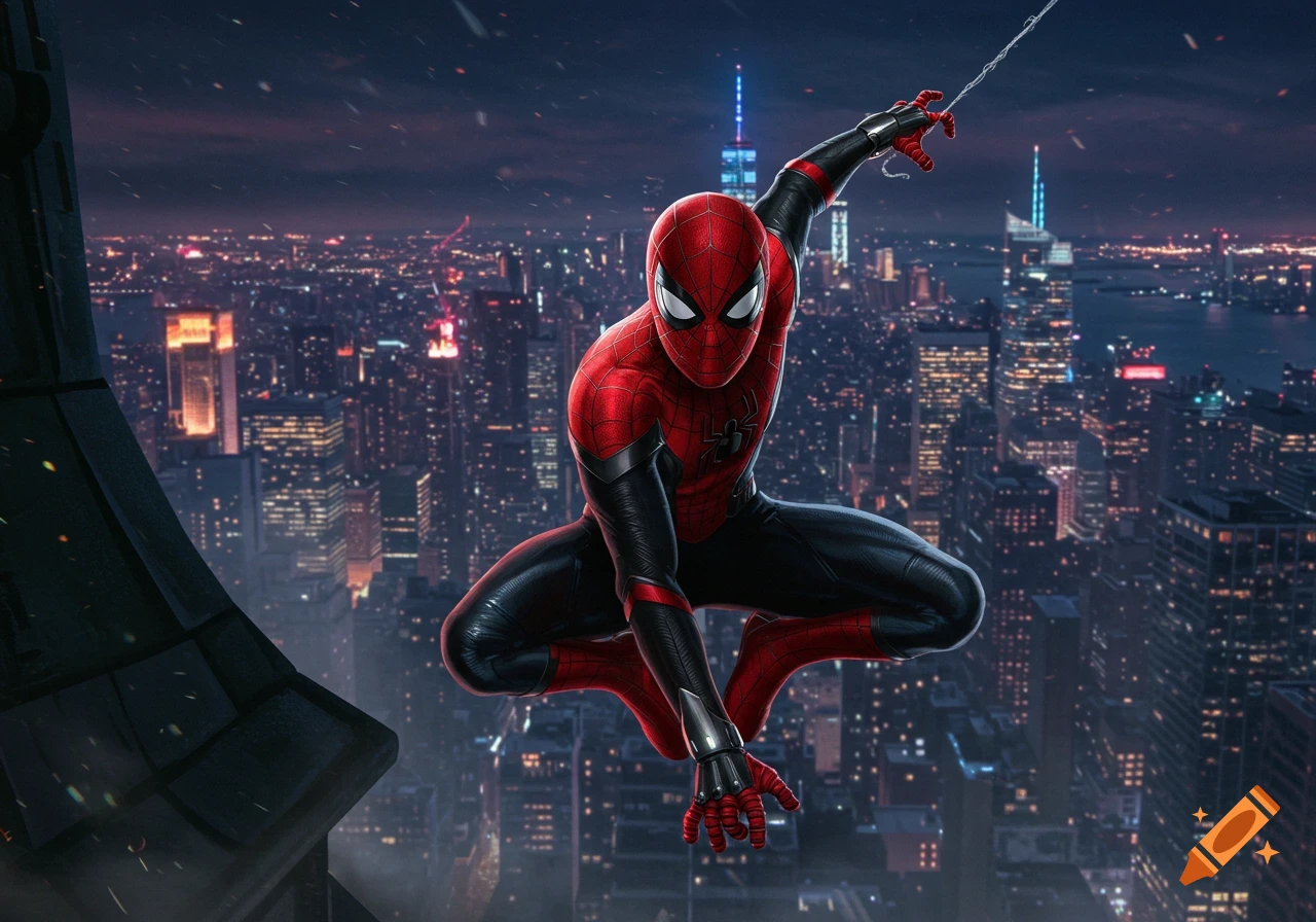 Spider-Man in a red and black suit crouches, swinging above a vibrant, lit-up city skyline at night.