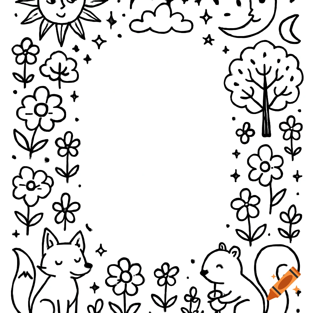 Minimalistic black and white line art frame with sun, moon, stars, trees, flowers, a fox, and a squirrel, for a children's coloring book.