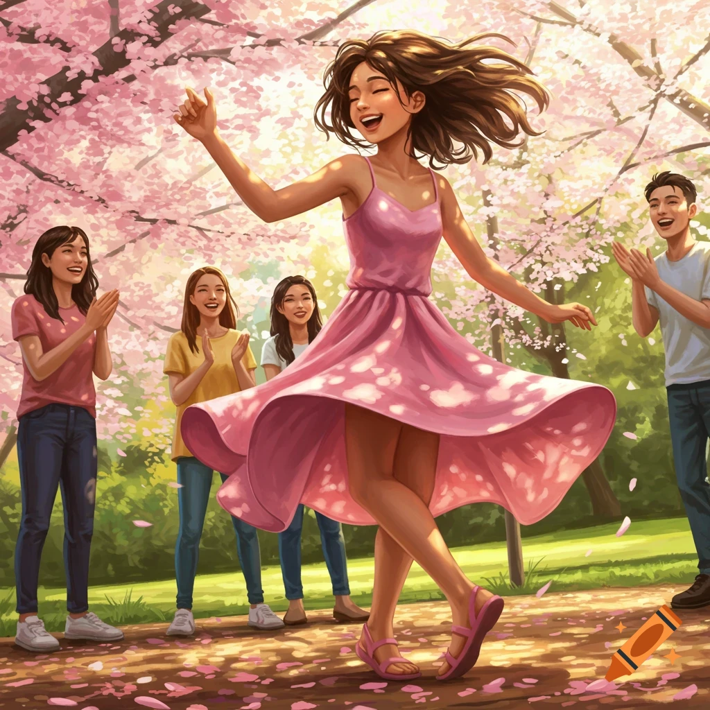 An illustration of a girl in a pink dress twirling under cherry blossom trees as friends clap.