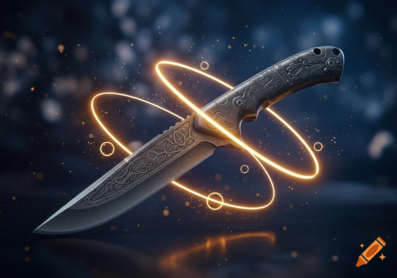 A stylized ornate knife with a dark handle and blade, encircled by bright golden glowing rings, against a dark, bokeh background.