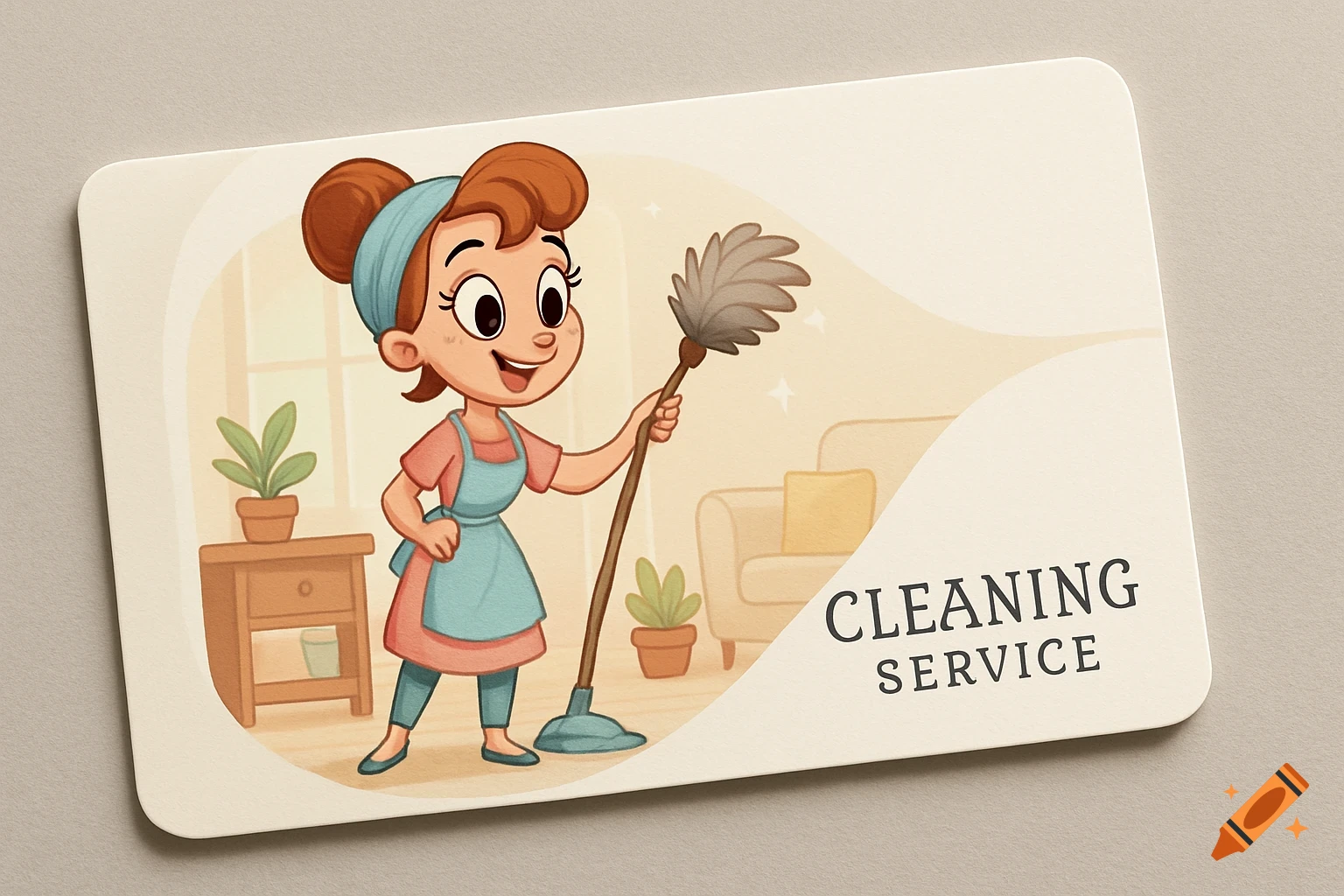 A cartoon illustration of a smiling lady in an apron holding a duster, on a business card that says 'CLEANING SERVICE'.