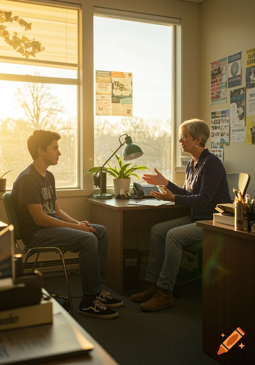 A female counselor talks to a young male student in a sunlit office, with posters on the walls.