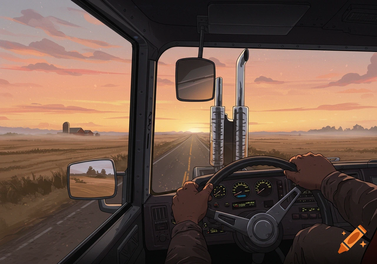 POV from inside a truck driving on a straight road into a sunset over rural fields and a farm, illustrated.
