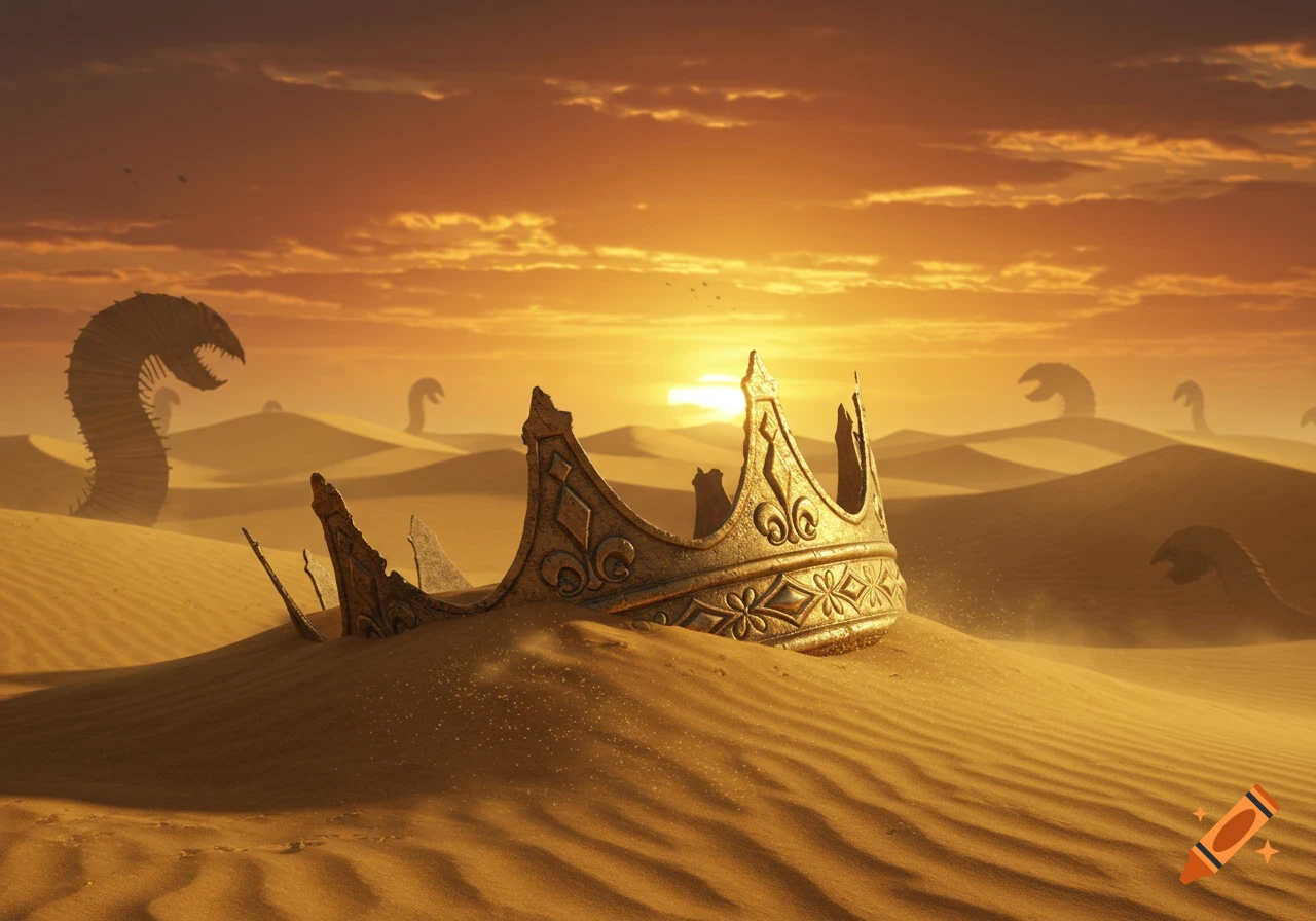 A broken golden crown half-buried in a vast desert with giant sandworms emerging from sand dunes under a sunset sky.