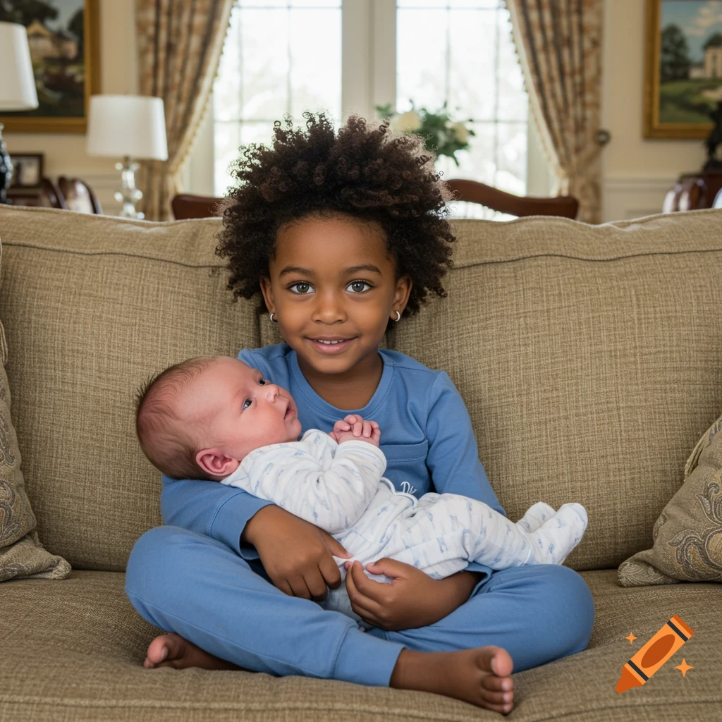 A young Black girl with curly hair and blue pajamas sits on a couch, gently holding a newborn baby with light hair and blue eyes. Both are in a warm, well-lit living room.