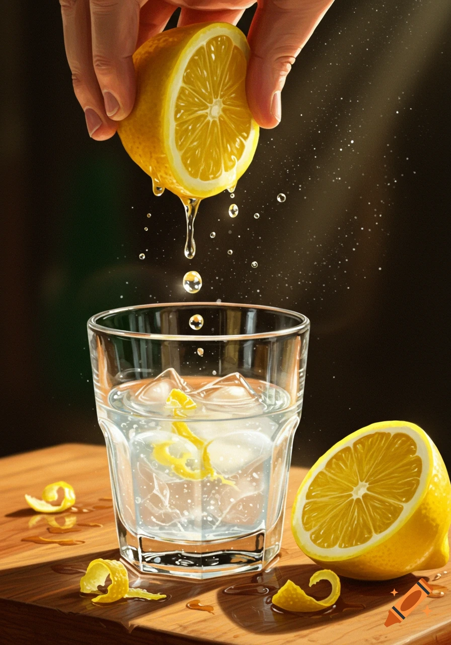 A hand squeezes a fresh lemon, dripping juice into a glass of water with ice and lemon zest on a wooden table.