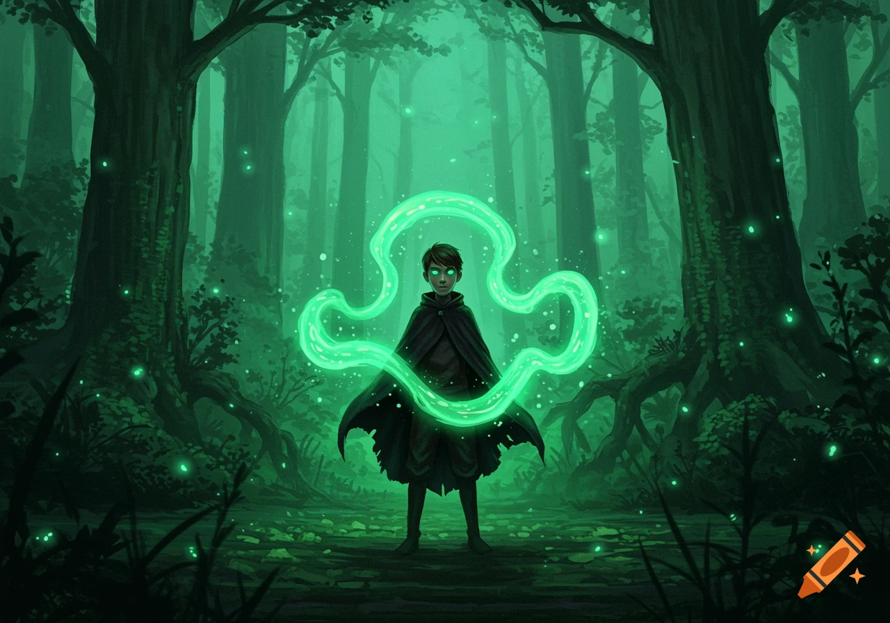 A boy in a dark cloak with glowing green eyes stands in a misty, dark green forest, emanating green magic.