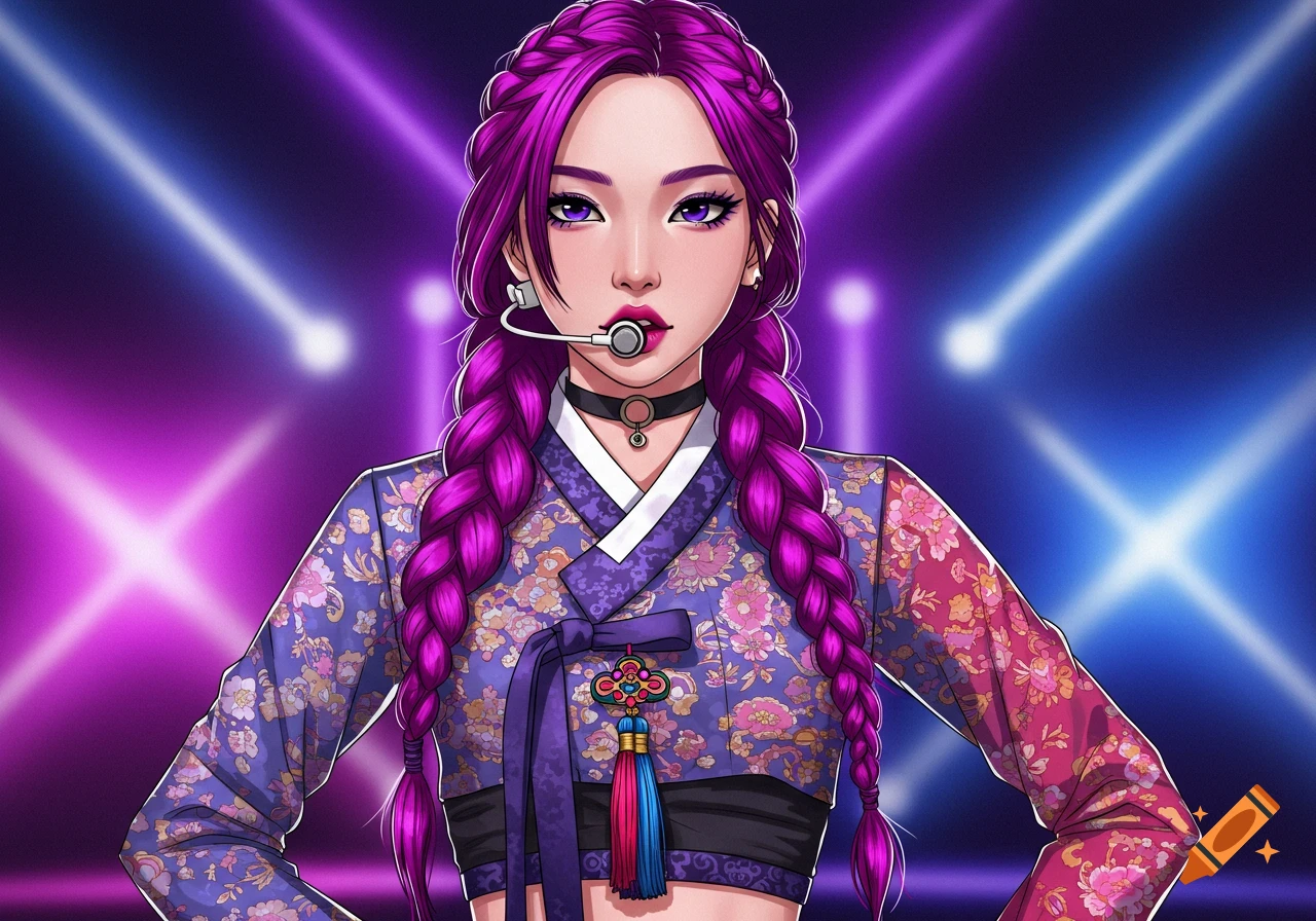 Cartoon K-pop idol with vibrant purple braided hair, wearing a modern hanbok-inspired outfit, on a stage with purple and blue lights.